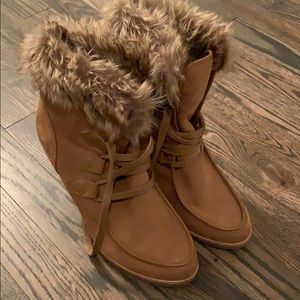 Faux fur wedge booties